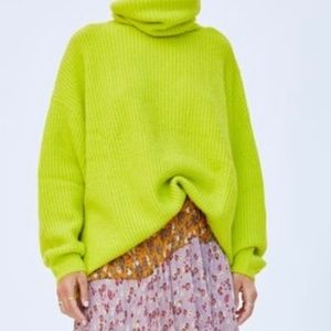 Zara Knit Women Lime Green Oversized Turtleneck Sweater Medium